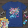 WinX Club t-shirt design featuring colorful fairy characters, a sparkling heart, and gears graphic
