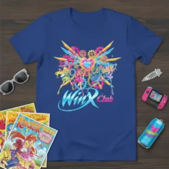 WinX Club t-shirt design featuring colorful fairy characters, a sparkling heart, and gears graphic