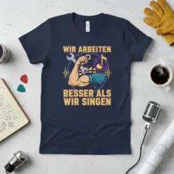 T-shirt with German text "Wir Arbeiten Besser Als Wir Singen," showing a muscular arm holding a wrench and a crossed-out
