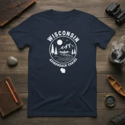 Wisconsin Adirondack Chairs t-shirt design featuring a canoe on a river, mountains, and pine trees in a circular emblem