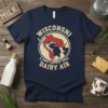 Wisconsin Come Smell Our Dairy AIR t-shirt design with a black and white cow and Wisconsin state outline