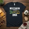 Wisconsin is in my DNA t-shirt featuring white text and a green and yellow DNA helix with forest graphics