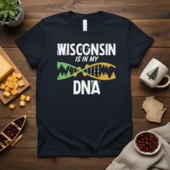 Wisconsin is in my DNA t-shirt featuring white text and a green and yellow DNA helix with forest graphics