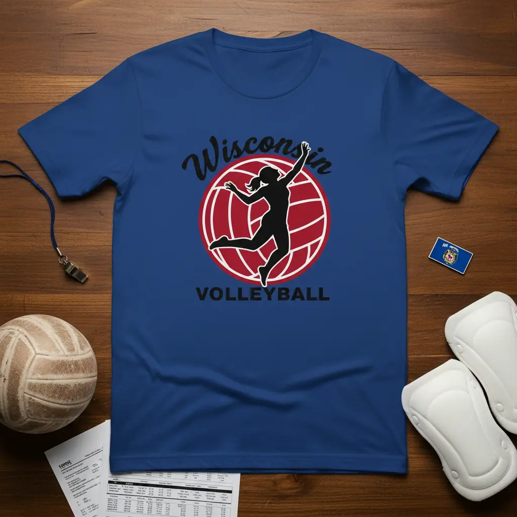 Wisconsin Volleyball design with female player silhouette and state-themed text, perfect for sports fans