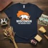 Navy t-shirt with an orange outline of WISCONSIN THE BADGER STATE and a white badger graphic