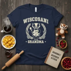 WISCOSANI GRANDMA t-shirt with a badger wearing an apron and holding a spoon, surrounded by a laurel wreath and pinecones