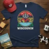 WISCOSININ t-shirt design featuring a cartoon badger fishing and holding cheese, with Wisconsin skyline and trees