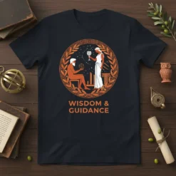 Ancient Greek illustration with text WISDOM & GUIDANCE, featuring figures and classical motifs, on a navy t-shirt