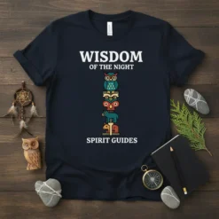 Wisdom of the Night Spirit Guides t-shirt with a vertical owl totem design and white text