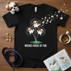 Black t-shirt with "Wishes Made Of Fur" text and cartoon Shih Tzu puppies flying like balloons