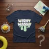Navy t-shirt with "WISHY WASHY" text in white and yellow outline, with green dripping graphics below