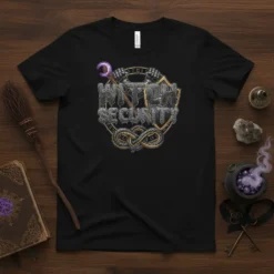 Black t-shirt featuring "Witch Security" text in a gothic, metallic font, with a shield, snake, and staff graphic