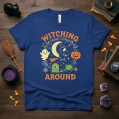 Witching Around Halloween T-Shirt featuring a witch on a broom, ghost, pumpkin, and monsters with "Witching Around" text