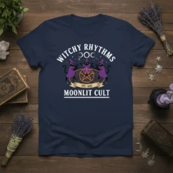 Witchy Rhythms Moonlit Cult T-Shirt design with three black cats in witch hats dancing around a pentagram, est. 1692 text
