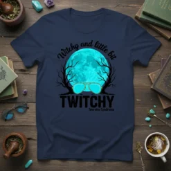 Witchy and little bit TWITCHY Tourette Syndrome text with moon and sunglasses graphic on a navy t-shirt