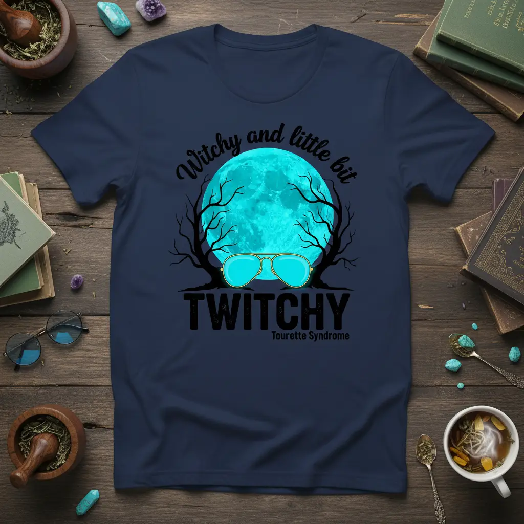 Witchy and little bit TWITCHY Tourette Syndrome quote with moon and sunglasses graphic on a t-shirt