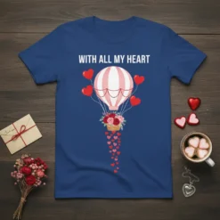 With All My Heart text above a hot air balloon graphic with hearts and flowers, on a navy blue t-shirt