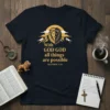 Navy t-shirt with "With GOD GOD all things are possible MATTHEW 19:26" text and a lion graphic over mountains under