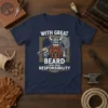Viking warrior with a large beard holding a hammer, text reads "With Great Beard Comes Great Responsibility" on a navy