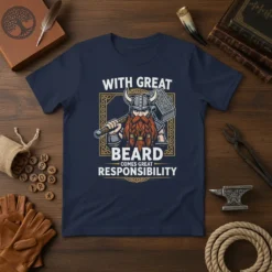 Viking warrior with a large beard holding a hammer, text reads "With Great Beard Comes Great Responsibility" on a navy