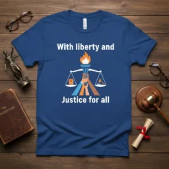 Blue t-shirt with white text "With liberty and Justice for all" and graphic of hands holding a torch over scales