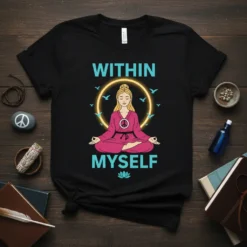 Within Myself yoga meditation t-shirt with a woman meditating surrounded by birds and a halo