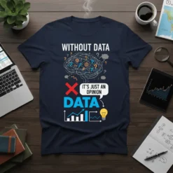 T-shirt with text "WITHOUT DATA IT'S JUST AN OPINION DATA" and a brain graphic with question marks and charts