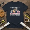 Without Labor Nothing Prospers text design with muscular arm holding wrench, city skyline, and American flag elements