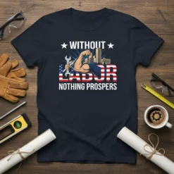 Without Labor Nothing Prospers text design with muscular arm holding wrench, city skyline, and American flag elements