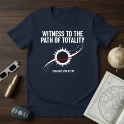 Navy t-shirt with white text "WITNESS TO THE PATH OF TOTALITY SOLAR ECLIPSE 8.21.17" and a graphic of a solar