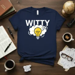 Navy blue t-shirt with "WITTY" text and a glowing yellow light bulb inside a thought bubble graphic
