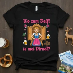 Wo zum Deifi is mei Dirndl? text with cartoon woman in dirndl, wardrobe, beer mugs, and hat on black t-shirt