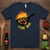 Wok Fuk Boi t-shirt with vibrant wok cooking design, flames, shrimp, broccoli, and mushrooms