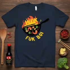 Wok Fuk Boi t-shirt with vibrant wok cooking design, flames, shrimp, broccoli, and mushrooms