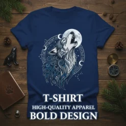 Wolf Howling Moon Celestial text design featuring unique typography on quality t-shirt