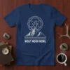 Wolf Moon Howl text with a white graphic of a wolf howling on a mountain peak under a geometric moon