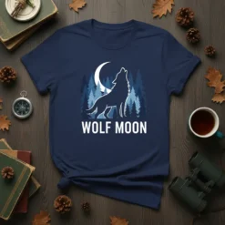 Wolf Moon T-Shirt design featuring a white wolf howling at a crescent moon with a pine forest background