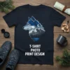 T-Shirt Photo Print Design with a wolf head graphic superimposed on a mountain range under a starry night sky