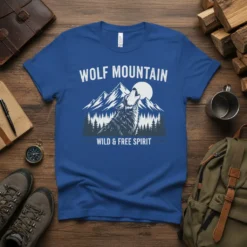 Wolf howling at the moon on a mountain landscape with "WOLF MOUNTAIN WILD & FREE SPIRIT" text on a blue