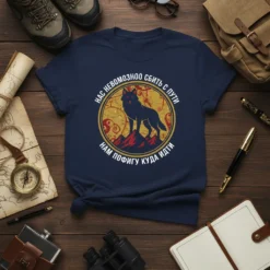 T-shirt with Russian text "НАС НЕВОЗМОЖНО СБИТЬ С ПУТИ НАМ ПОФИГУ КУДА ИДТИ" and a standing wolf on mountains graphic