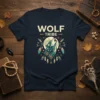 Wolf Tribe graphic t-shirt with a howling wolf, moon, and tribal feather design in earthy tones