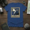 Wolfgang howling wolf graphic t-shirt design with a yellow border, featuring a stylized wolf head