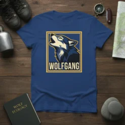 Wolfgang howling wolf graphic t-shirt design with a yellow border, featuring a stylized wolf head