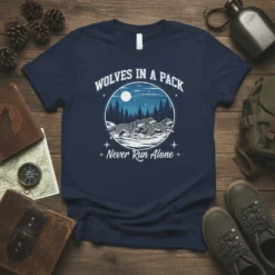 T-shirt design featuring the quote "Wolves in a Pack Never Run Alone" with a graphic of wolves running through a