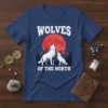 Wolves of the North t-shirt design with two white wolves howling under a red moon with mountains and pine trees