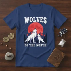 Wolves of the North t-shirt design with two white wolves howling under a red moon with mountains and pine trees