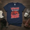 Navy t-shirt with "Woman of a Certain Rage" text and a red and orange lion graphic