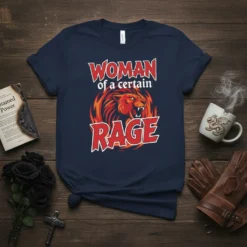 Navy t-shirt with "Woman of a Certain Rage" text and a red and orange lion graphic