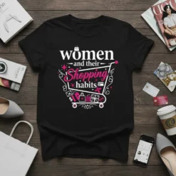 T-shirt with the text "women and their Shopping habits" in white and pink, featuring a shopping cart graphic with bags