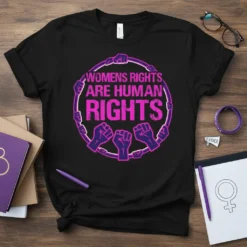 Womens Rights Are Human Rights text design with purple fists in a circle, feminist slogan t-shirt